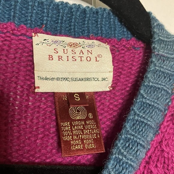 1990 Susan Bristol Cardigan Womens S Wool Knit Patchwork Vintage Flawed - Picture 4 of 11